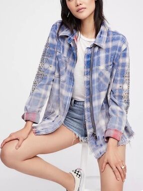 Free people Bleached Blue Plaid Button-Up Jacket with Stud Details